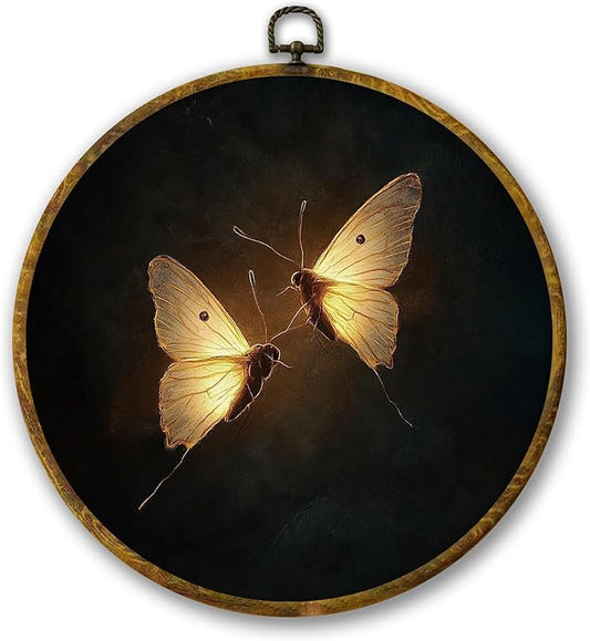 Mcehtle Vintage Butterfly Wall Art Decor, Dark Moody Cottagecore Moth Insect Framed Canvas Prints 10x10, Neutral Farmhouse Round Wall Hanging Artwork Decorations for Gallery Bedroom Living Room