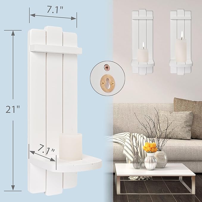 Sconces Set of 2, Large Candle Holder Rustic Farmhouse Decor, Home Art Floating Sconce Shelf White Wall Decoration for Living Room, Dining Room, Bedroom, Bathroom