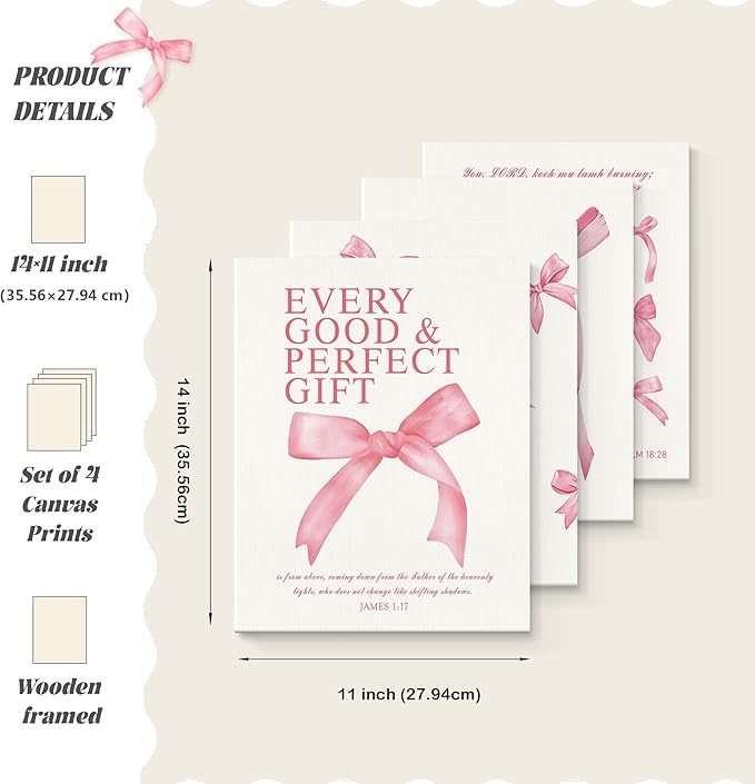 LARTSFRO Coquette Pink Bow Canvas Wall Art Decor Prints Posters, Pink Bow Room Bedroom Bathroom Dorm Wall Art Decor Aesthetic for College Teen Girls Gifts, Inspirational Bible Verses Bow Wall Decor, 11x14 Inch Set of 4 Pcs Bow Pictures (Canvas Framed 1...