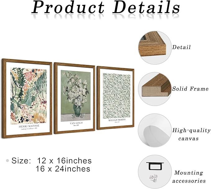 JLTULT 3 Piece Vintage Sage Green Canvas Wall Art, Van Gogh Matisse Wall Decor, Botanical Painting Artwork Prints for Living Room Bedroom Home Office 16X24 inch Wood Framed Easy to Hang