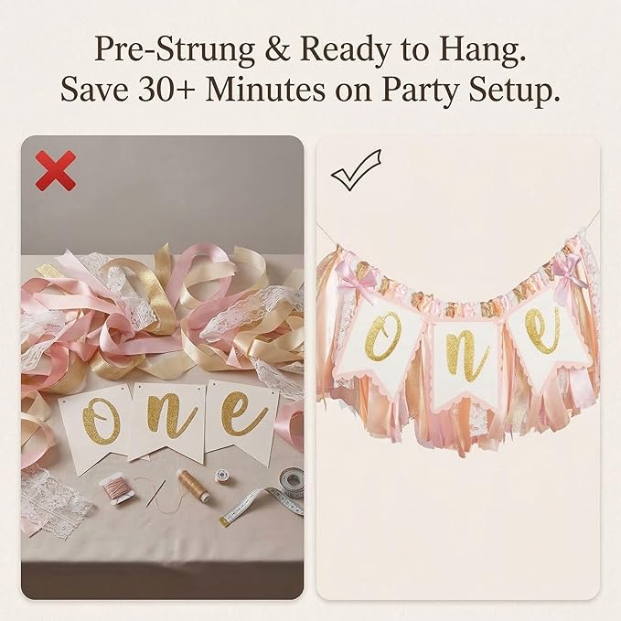 Pre - strung Pink Highchair Banner - 1st One Birthday Highchair Banner for Princess Girls ONE Baby Shower Room Party Decor