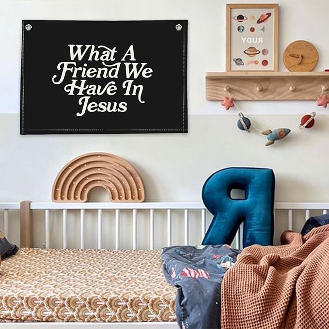 RTXLEZM Boys Room Decor, What a Friend We Have in Jesus Christian Canvas Banner Wall Hanging,Black Minimalist Bible Verse Wall Art Prints for for Classroom, Nursery,Playroom，Kids Room 20x30
