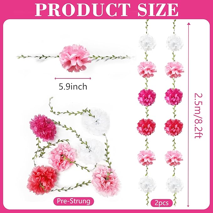 Hot Pink White Party Decorations Ombre Pink White Tissue Paper Flowers Pom Pom Leaf Ribbon Hanging Streamer Garland for Women Girls Birthday Bachelorette Baby Shower Wedding Flamingo Party Supplies