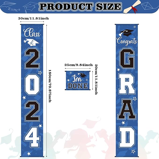 Moukeren 3 Pieces 2025 Graduation Party Decorations Graduation Porch Sign Class of 2025 Grad Hanging Porch Banner Backdrop Door Sign for Grad Party Home Door Wall Decor(Blue Black)