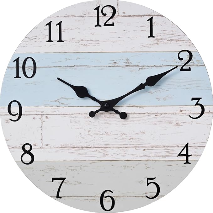 Wall Clock 14 Inch Silent Non-Ticking Coastal Beach Style Wall Clocks Battery Operated Rustic Retro Decorative for Kitchen, Bathroom, Living Room, Laundry Room(Azure Blue)