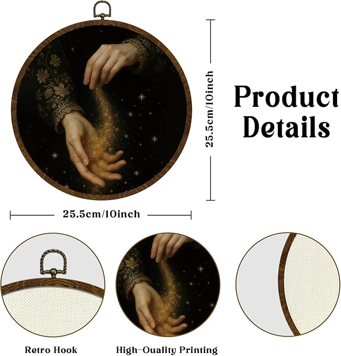 KLYTINK We Are All Stardust Home Decor,Romantic Academia Round Wall Art,Goddess Hands Canvas Print with Star Dust, Gothic Dark Vintage Hanging Decor for Bedroom or Study 10''x10''(Golden sand)