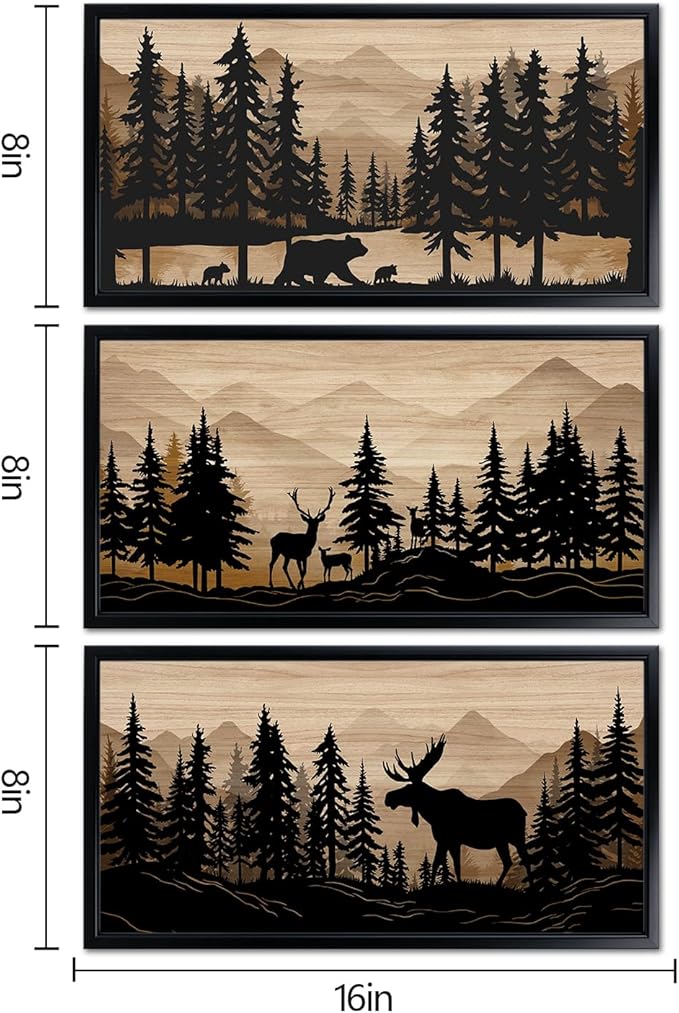 WELMECO Cabin Decor Bear Moose Deer Wall Art Rustic Home Decor Woodland Farmhouse Living Room Bedroom Bathroom Decor Forest Animal Picture, Black Framed 8x16inchx3 Pieces,Brown