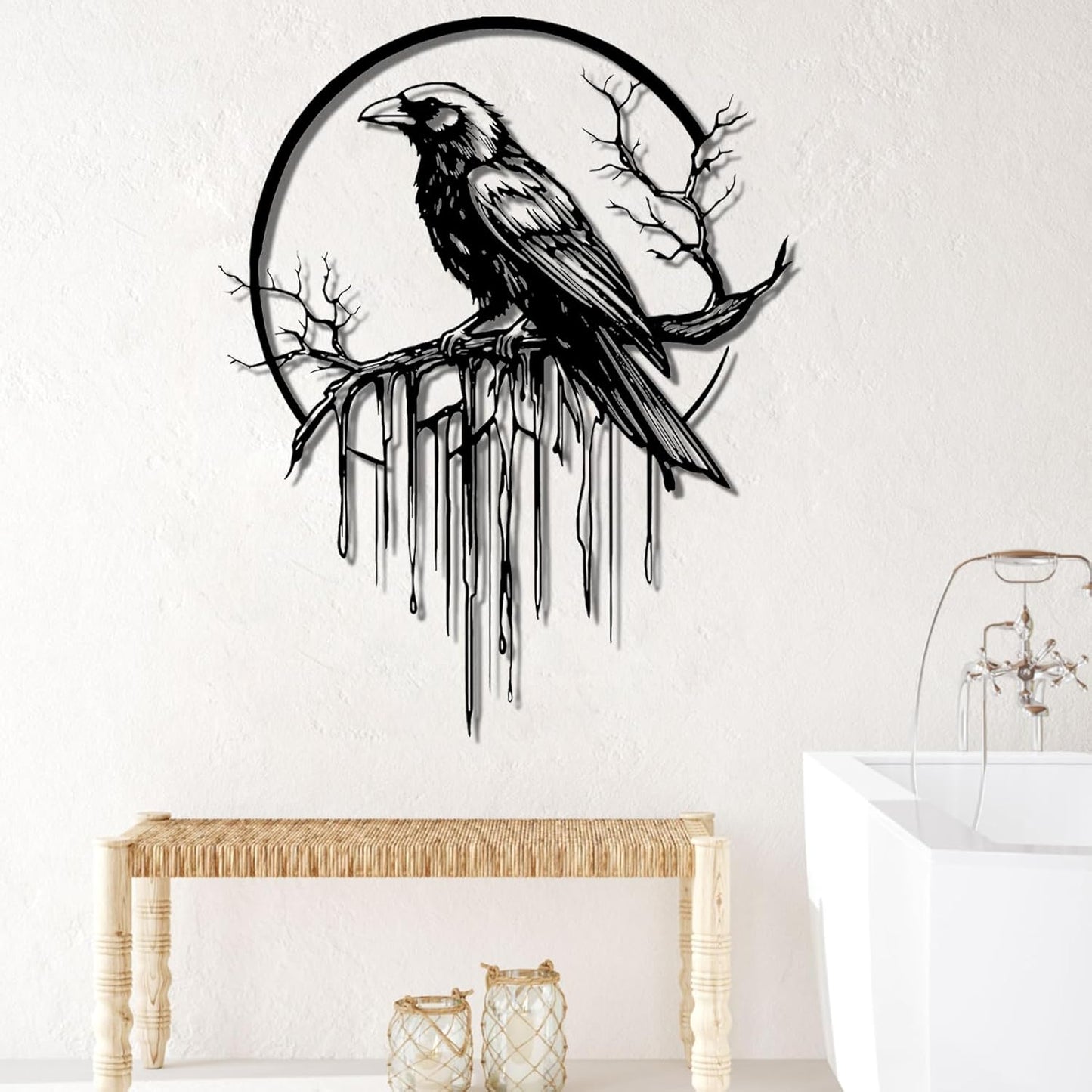 Crow Metal Wall Decor, Raven Wall Art, Large Gothic Raven Decor Hangings, Bird Wall Decor, Metal Tree Branch Decor, Ravens Sign, Raven Art for Living Room (Silver, 28"x22" |70x56cm, metal wall art)