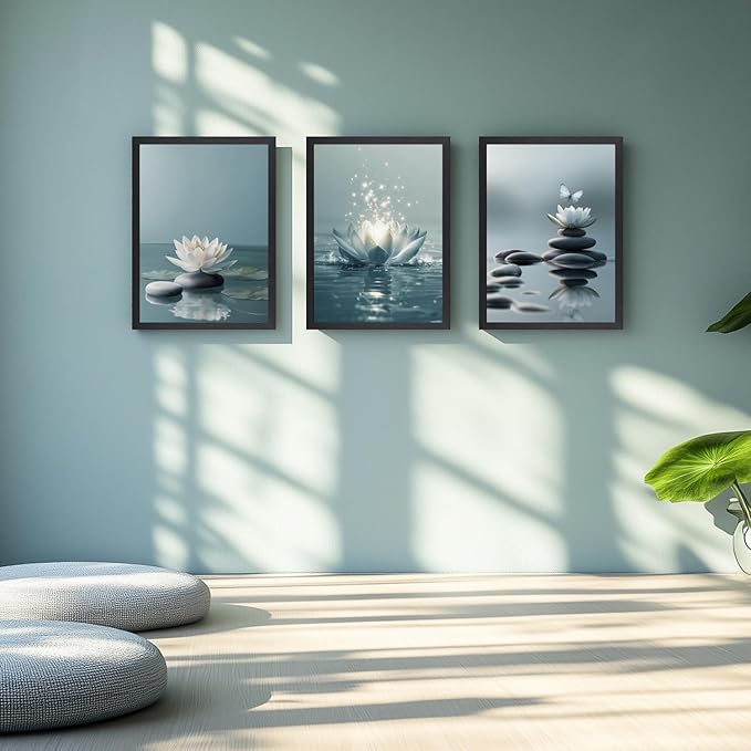 GELDSTEI Calm Zen Botanical Canvas Wall Art, White Lotus Blooming on Stones in Water Aesthetic Pictures, Yoga Spa Meditation Room Decor, Modern Spiritual Poster Prints for Zen Wood Framed Set of 3, Each 12x16 Inch