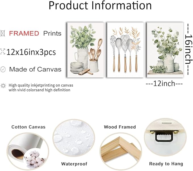 AOYUSMO 3 Piece Canvas Wall Art Kitchen Wall Art Sage Green Pictures Botanical Paintings Farmhouse Artwork Eucalyptus Nature Art Prints for Dining Room 12"x16"