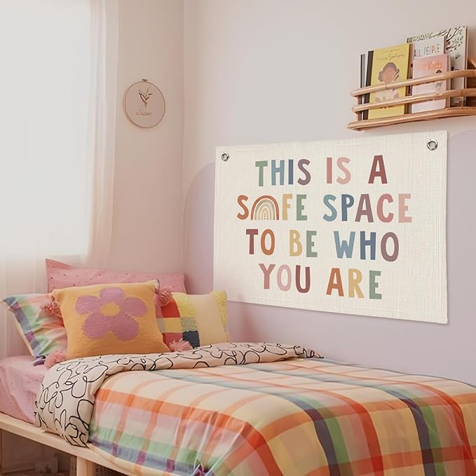 Boho Classroom Decor, This Is A Safe Space Wall Hanging Banner, Therapy Office Wall Linen Wall Hanging Banner Flag Decor for Counseling Office Calming Corner