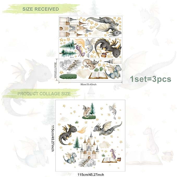 Dragon Wall Stickers,Peel and Stick Colorful Flying Dragon,Castles, White Clouds, Stars.Tree Self-Adhesive Mural，Removable Wall Sticker for Living Room Baby Nursery Kids Room Wall Decor (Multicolored)