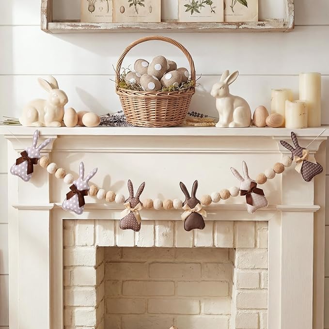 8.2 ft Felt Easter Bunny Garland 3D Rustic Cute Rabbit Pom Ball Banner Neutral Brown Vintage Decorative Hanging Bunting Garland for Mantel Fireplace Window Wall Home Farmhouse Decor