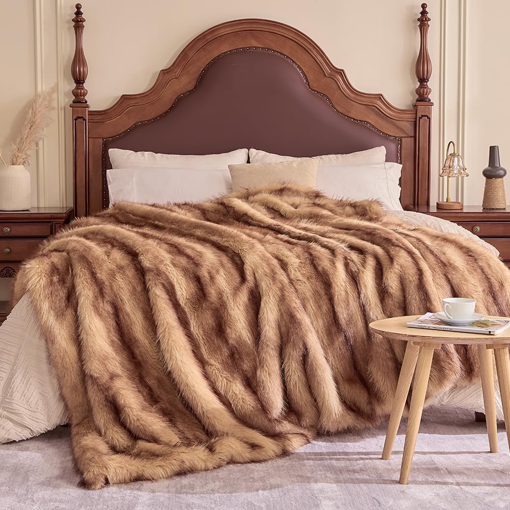 Fluffy Faux Fur Throw Blanket – Super Soft Warm Thick Plush Blanket for Bed, Couch & Office, Cozy Fuzzy Throw with Flannel Backing,50"x60", Brown