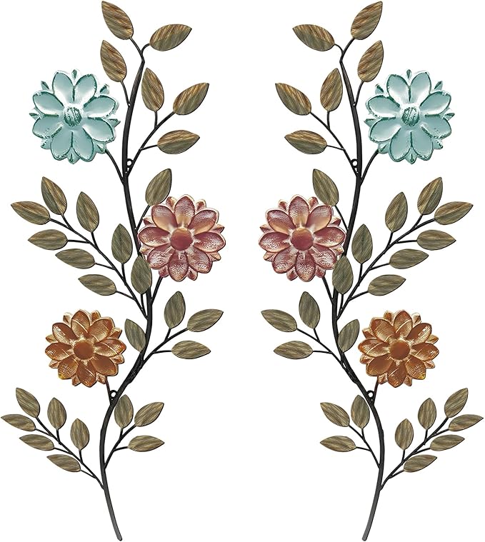 MorningRo 2 Pcs Metal Flower Leaves Wall Art, 15.75 Inch Spring Wall Decor, Vintage Leaf Wall Hanging, Rustic Wall Decor for Holiday Indoor Outdoor