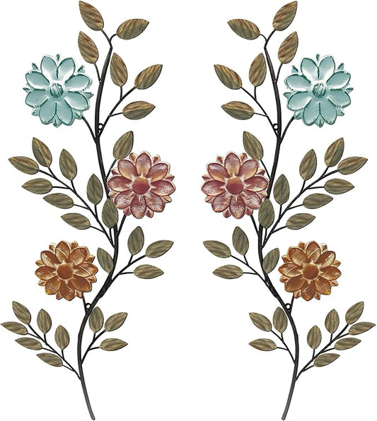 MorningRo 2 Pcs Metal Flower Leaves Wall Art, 15.75 Inch Spring Wall Decor, Vintage Leaf Wall Hanging, Rustic Wall Decor for Holiday Indoor Outdoor