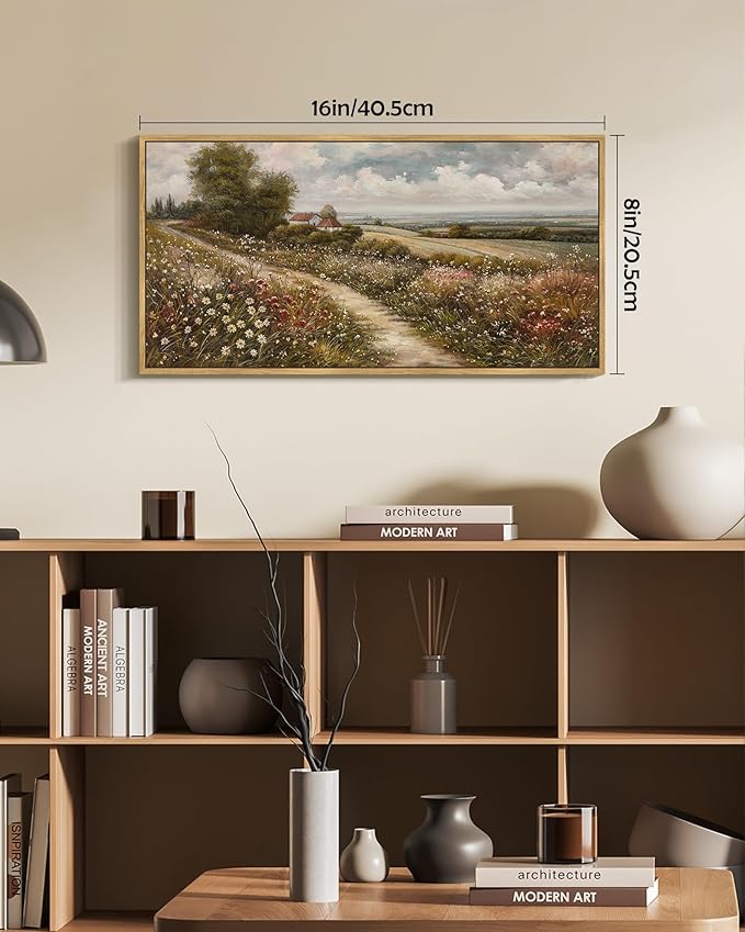 SHENIFY Vintage Landscape Framed Wall Art Rustic Countryside Wildflower Field Farmhouse Decor Retro Meadow with Flowers Painting for Kitchen Bedroom Living Room Bathroom - 8x16in Natural Framed