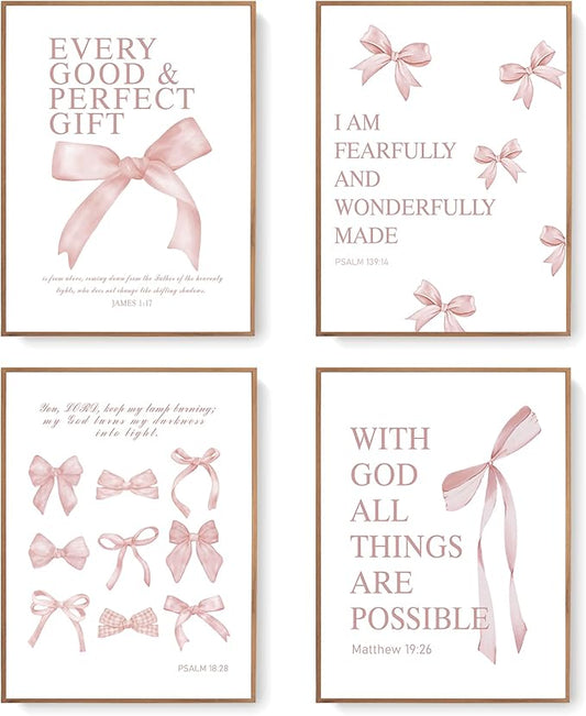LARTSFRO Coquette Pink Bow Wall Art Decor Posters, Blush Pink Bow Room Bedroom Bathroom Dorm Wall Art Decor Aesthetic for College Teen Girls Gifts, Inspirational Bible Verses Bow Wall Decor, 12x16 Inch Set of 4 Pcs Bow Pictures (UNFRAMED)