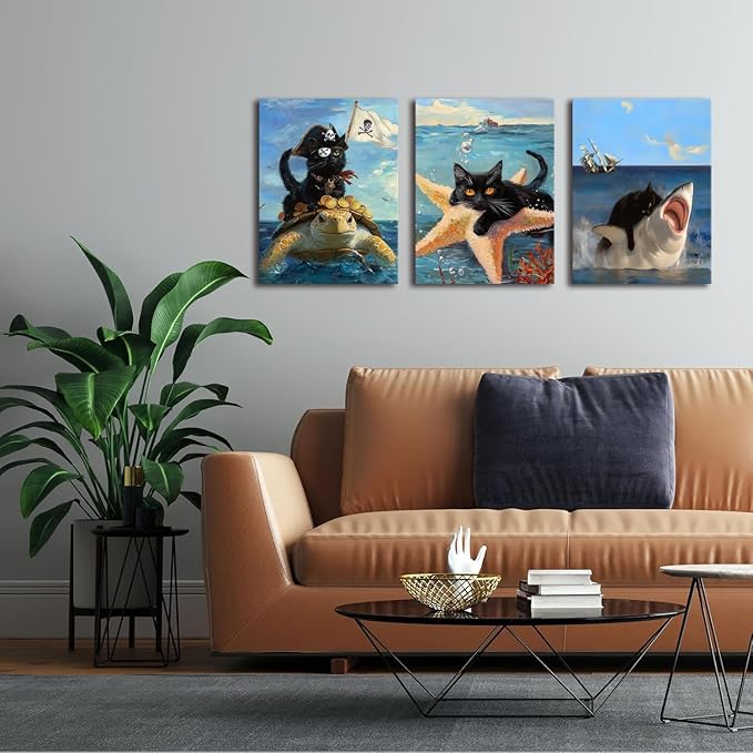 Framed Black Cat Wall Art Funny Cat Shark Turtle Starfish Canvas Wall Decor Ocean Abstract Black Cat Posters Pictures Print for Bedroom Living Room Bathroom 16x24 In