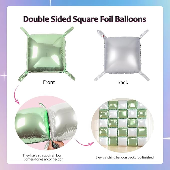 25pcs Green and White Foil Square Balloon Backdrop Wall &149pcs Sage Green Gold White Balloons Arch, Double Sided Balloon Tunnel with for Birthday Baby Shower Graduation Party Decor