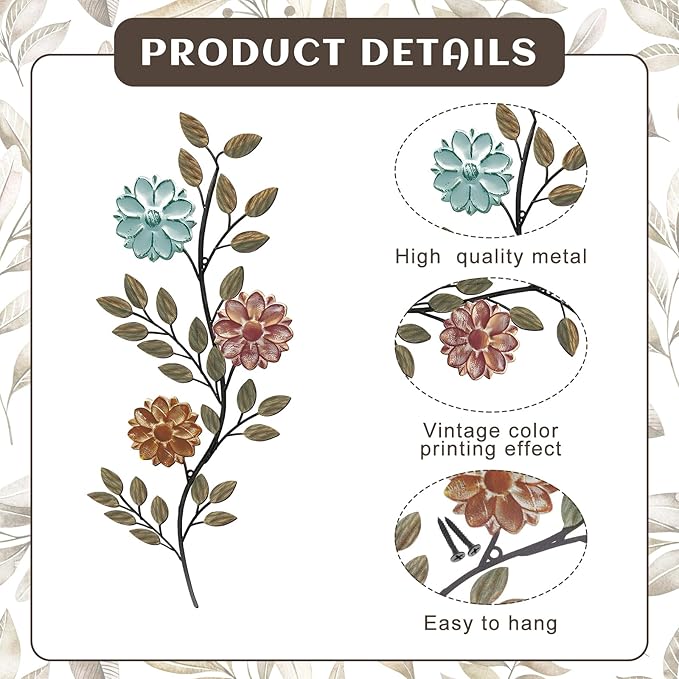 MorningRo 2 Pcs Metal Flower Leaves Wall Art, 15.75 Inch Spring Wall Decor, Vintage Leaf Wall Hanging, Rustic Wall Decor for Holiday Indoor Outdoor