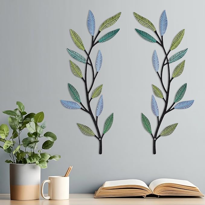 Metal Tree Leaf Wall Decor 2 PCS Rustic Vine Branch Leaf Wall Art for Living Room Bedroom Bathroom Decorations - Lively Color