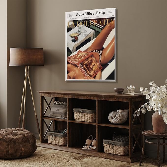 Trendy Newspaper Posters Vintage Good Vibes Daily Wall Art 60s La Dolce Vita Poster Beach Vibe Funky Aesthetic Retro Trippy Art Canvas Prints for Cool Girl Room Home Dorm Decor 24x36inch Framed