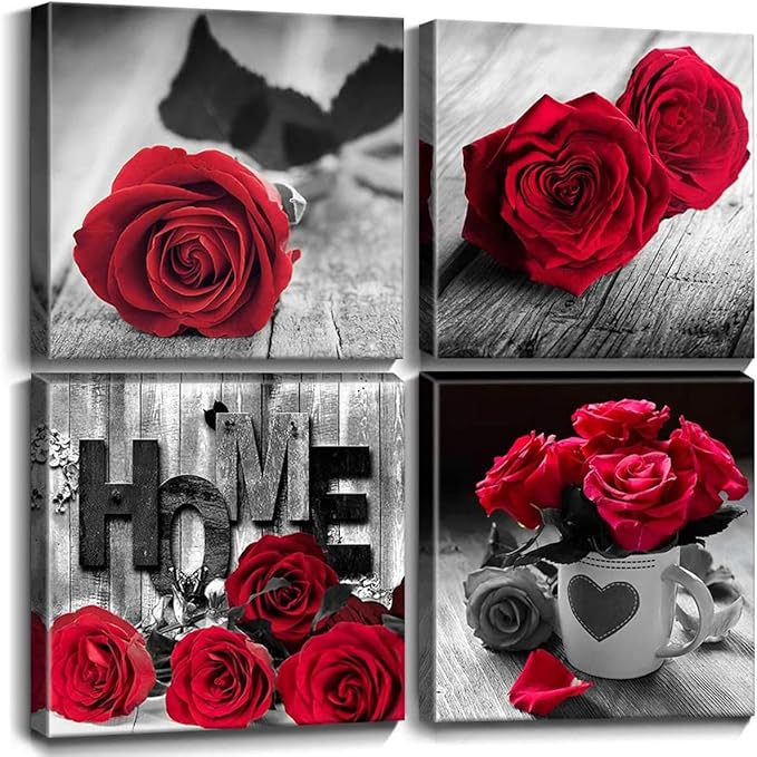 Red Rose Posters for Living Room Red and Black Wall Art Flower Painting Bedroom Wall Decor Romantic Floral Canvas Painting Bathroom Pictures Modern Kitchen Accessories Home Decoration 20x20" 4 Pcs/Set