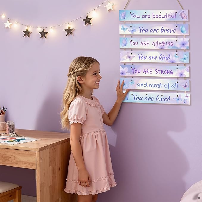 FIOBEE Girls Room Décor for Teen Girls Boys with LED Light Wall Decor for Bedroom Motivational Inspirational Wall Art Girl Room Decoration for Kids Studyroom, 8 Kinds of Lights, Blue Purple Butterfly