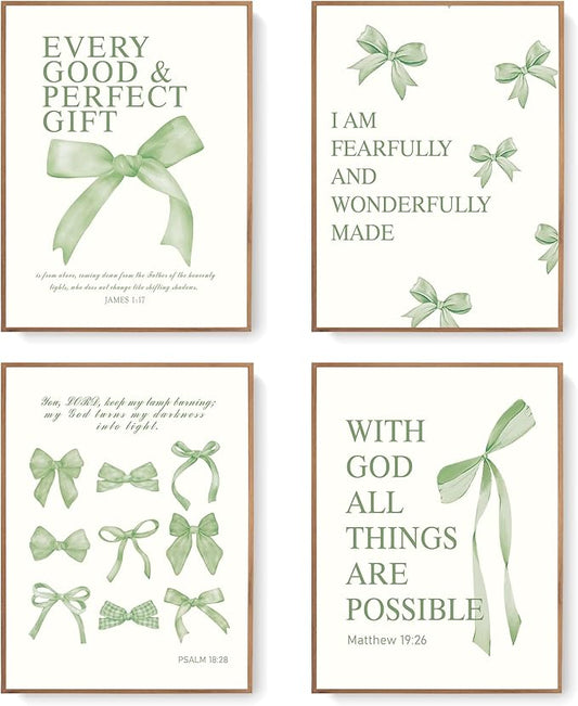 LARTSFRO Coquette Sage Green Bow Wall Art Decor Posters, Sage Green Bow Room Bedroom Bathroom Wall Art Decor Aesthetic for Teen Girls Gifts, Inspirational Bible Verses Bow Wall Decor, 12x16 Inch Set of 4 Bow Pictures Unframed