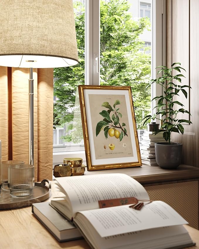 InSimSea Gold Bamboo Framed Canvas Wall Art, Retro Nature Plum Botanical Paintings, Antique Vintage Picture Frame with Mat, Victorian Home Wall Decor for Living Room Kitchen Dining, 11x14inch
