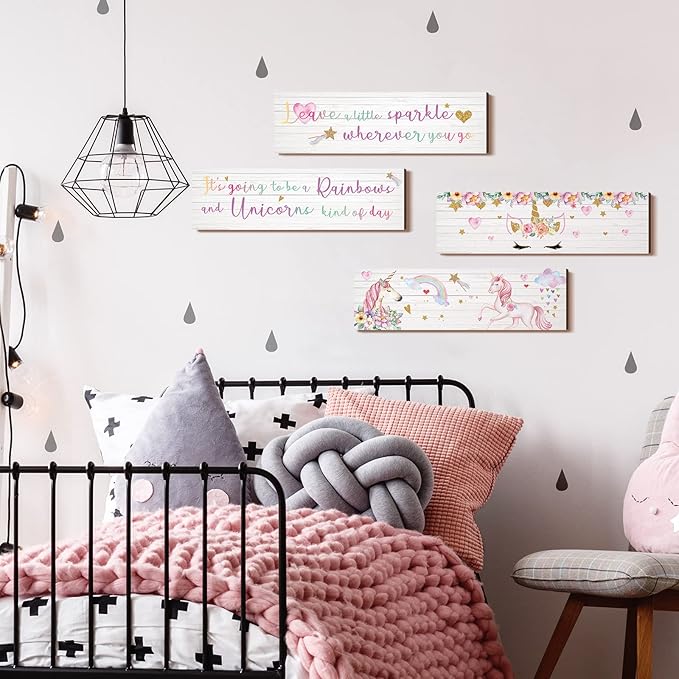 Yulejo Unicorn Wall Decor Girls Rainbow Wall Art Unicorn Room Decor Rainbow Motivational Inspirational Room Bedroom Decoration for Christmas Girl Kids Bedroom Nursery Decoration Gift (Delicate Style)