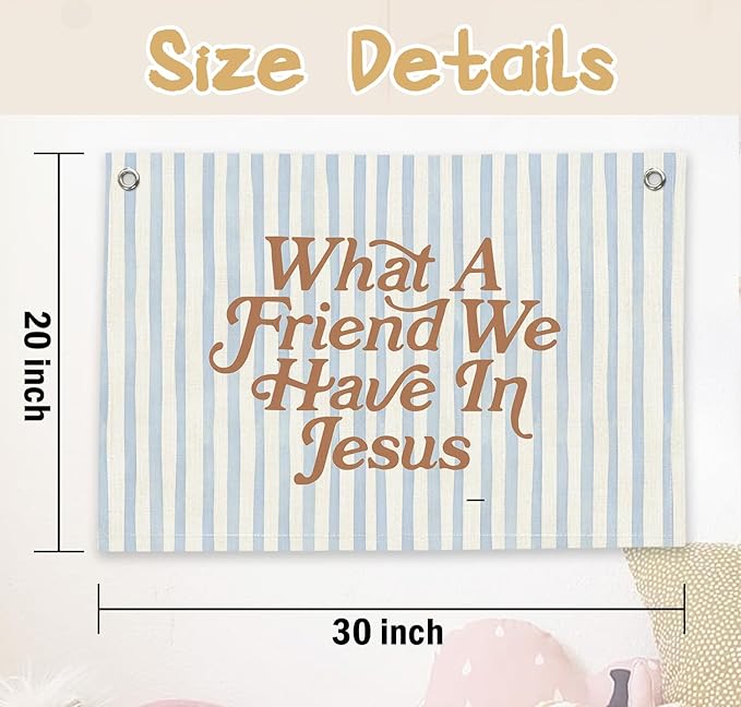 RTXLEZM Christian Home Room Decor, What a Friend We Have in Jesus Christian Canvas Banner Wall Hanging,Blue Stripes Minimalist Bible Verse Wall Art Prints for Home Bedroom Prayer Room Church Decor