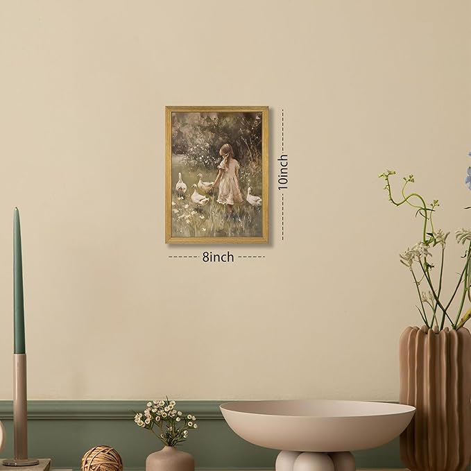 Wood Framed Canvas Wall Art, Vintage Girl with Ducks Painting Poster, Countryside Pastoral Landscape Print Picture, Rustic Farmhouse Wall Decor for Living Room Bedroom Nursery 8x10 inch