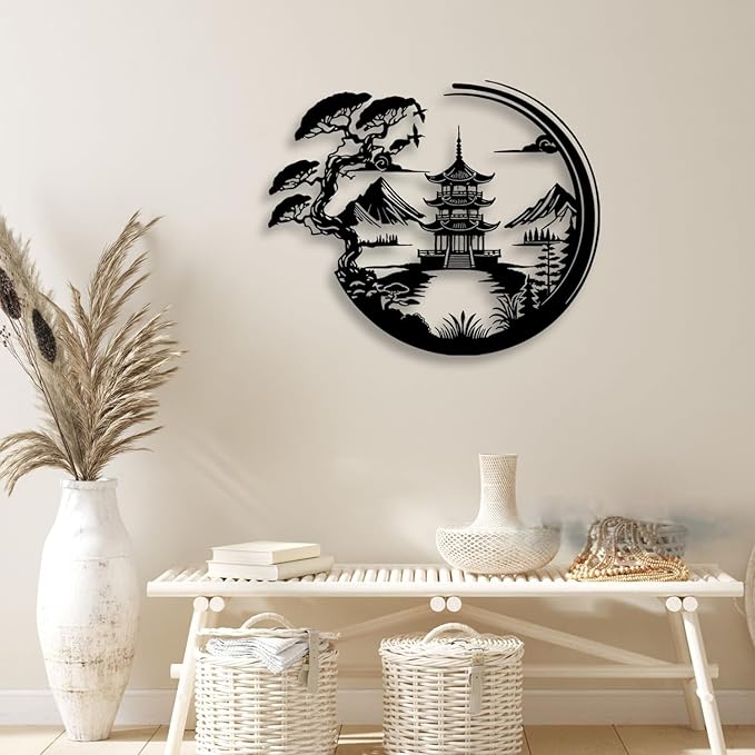 LIYOUYA Bonsai Tree Torii Gate Metal Wall Decor - Japanese Style Room Decor Black Wall Art Home Decor for Living Room, Bedroom, Dining Room (Black)