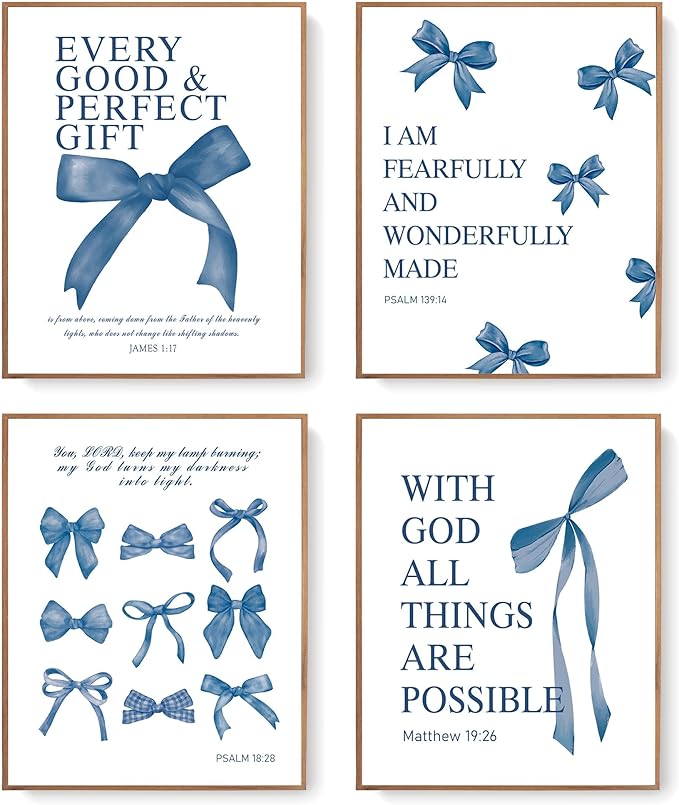 LARTSFRO Coquette Navy Blue Bow Wall Art Decor Posters, Navy Blue Bow Room Bedroom Bathroom Dorm Wall Art Decor Aesthetic for Teen Girls Gifts, Inspirational Bible Verses Bow Wall Decor, 10x8 Inch Set of 4 Pcs Bow Pictures (UNFRAMED)