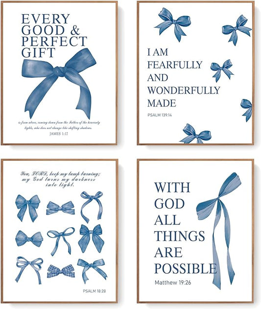 LARTSFRO Coquette Navy Blue Bow Wall Art Decor Posters, Navy Blue Bow Room Bedroom Bathroom Dorm Wall Art Decor Aesthetic for Teen Girls Gifts, Inspirational Bible Verses Bow Wall Decor, 10x8 Inch Set of 4 Pcs Bow Pictures (UNFRAMED)