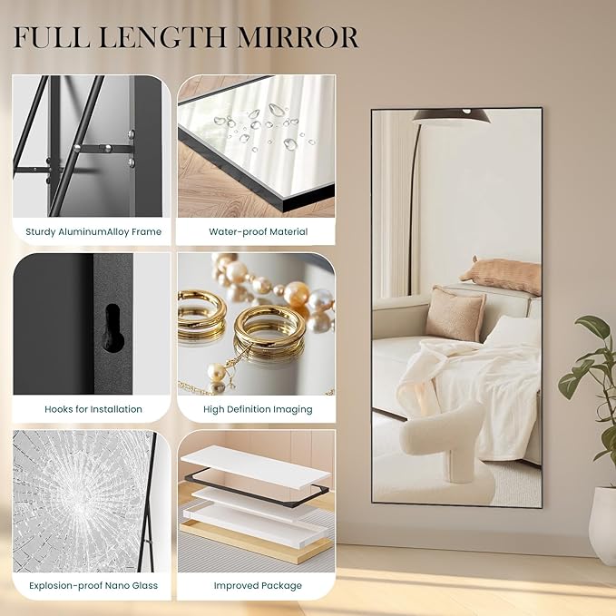 DUMOS Full Length Mirror with Stand 70.4"x25.6" Floor Standing Aluminum Frame for Bedroom Body Hanging Leaning Modern Simple Home Decor Shatter-Proorf Nano Glass Wall Living Room Cloakroom Black