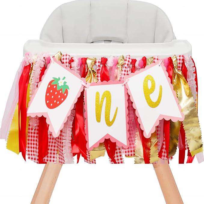 Strawberry Highchair Banner-1st Birthday Decoration,Sweet One Birthday Party Supplies for Girl Shower, Pink and Red Best Fairy Strawberry 1st Photo Props