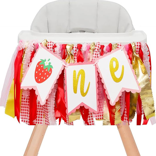 Strawberry Highchair Banner-1st Birthday Decoration,Sweet One Birthday Party Supplies for Girl Shower, Pink and Red Best Fairy Strawberry 1st Photo Props