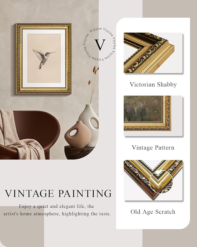 VIYYIEA Gold Framed Elegant Hummingbird Sketch Canvas Wall Art, Vintage Nature Illustration, Minimalist Cream Background Decor | No-Glass Design, Lightweight Anti-Glare Construction | 11x14 Inch