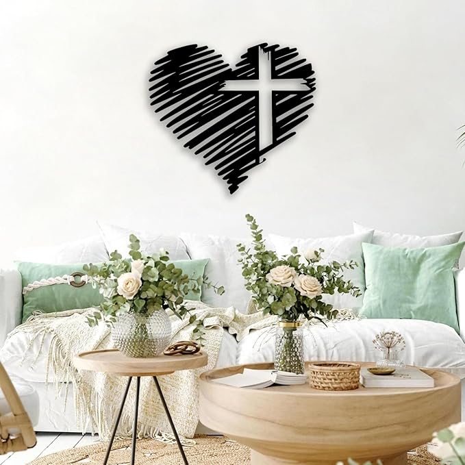 Heart Cross Metal Wall Decor - Elegant Minimalist Room Decor Love Wall Art Home Decor for Living Room, Bedroom, Dining Room, Bathroom, Office (Black)