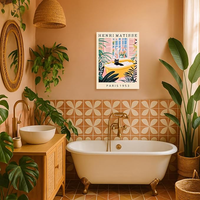 IAFWZX Framed Funny Bathroom Wall Art, Humor Black Cat In Bathtub Wall Decor, Vintage Henri Matisse Canvas Painting, Whimsical Cute Animal Poster Print for Living Room Bedroom 16"x24"