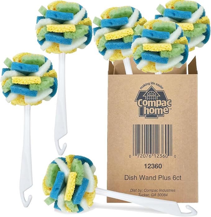 Compac Home Dish SpongeWand Plus Tri Surface Scrubbing Sponge with Cello Foam Scour Sponge Petals, Cleans Dishes, Glassware 360 Scrubber Pads for Tough to Clean Pots Pans, Multi-Color, (Pack of 6)