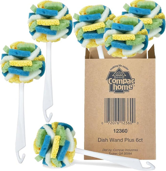 Compac Home Dish SpongeWand Plus Tri Surface Scrubbing Sponge with Cello Foam Scour Sponge Petals, Cleans Dishes, Glassware 360 Scrubber Pads for Tough to Clean Pots Pans, Multi-Color, (Pack of 6)
