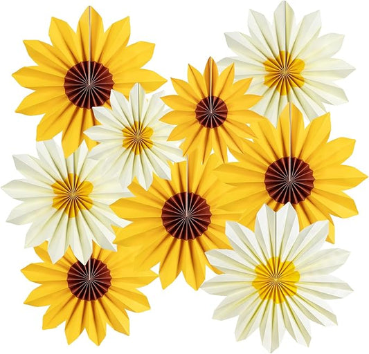 EASY JOY 9PCS Sunflower Party Decorations Sunflower Paper Fans Yellow Birthday Decorations Hanging Paper Flower Fan for Women for Summer Baby Shower Bulletin Board Decorations