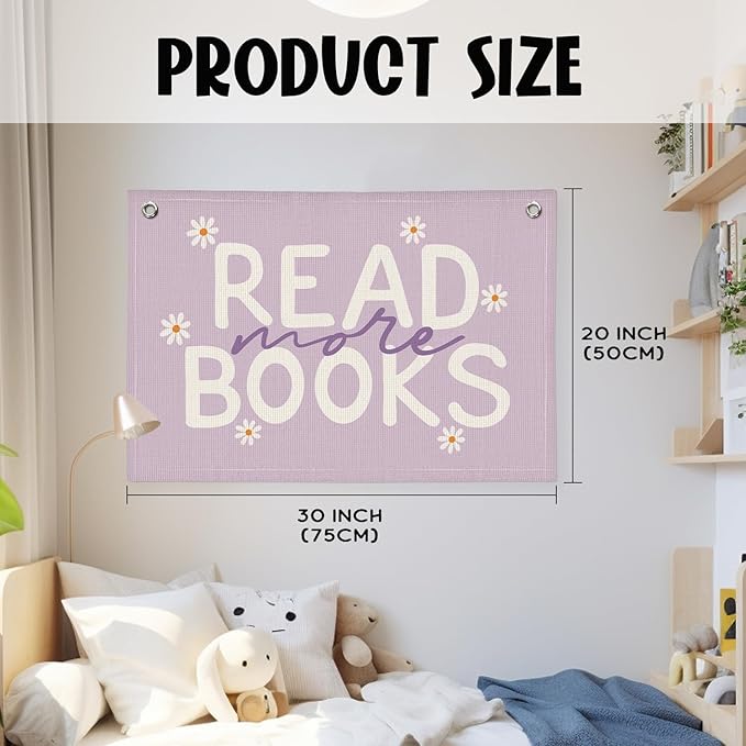 Reading Nook Read More Books Banner - Purple Book Lover Decor, Classroom Pastel Reading Party Decorations, Kids Library Wall Hanging, Daisy Flower Linen Canvas Flag for Nursery, Playroom, Homeschool, 20x30 Inch