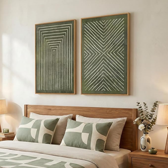 Large Framed Green Abstract Wall Art, 2 Piece Modern Canvas Prints Paintings, Minimalist Sage Green Geometric Pictures for Living Room Dining Room Bedroom Office Hallway Lounge Wall Decor 24x36 In