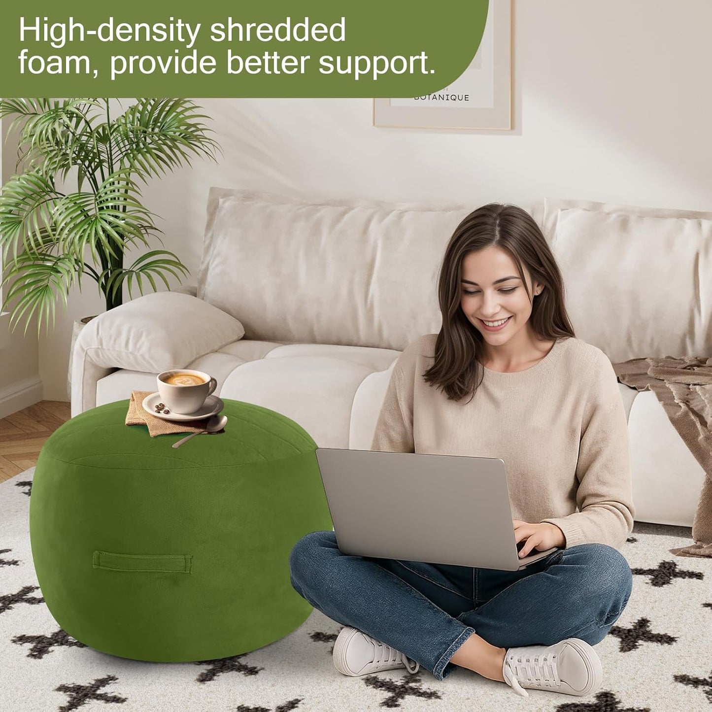 MeMoreCool Round Stuffed Pouf Ottoman Foot Rest, Floor Pouf Foot Stool with Soft Foam Chunk Filling, Small Round Ottoman Footstool Circle Footrest for Living Room, Green