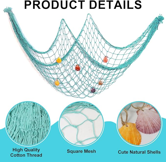 2 PCS Fish Net Decorations with Shells 80 x 40 Inch Ocean Themed Party Decor Beach Nautical Wall Hanging Fishing Net for Coastal Bedroom Bathroom or Under The Sea Party Decorations (Aqua-with Shells)